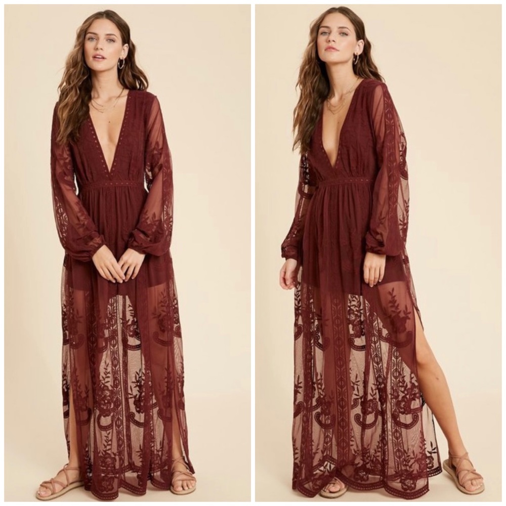 SOLD OUT Burgundy Floral Crochet Lace Maxi Dress - Picture 1 of 1